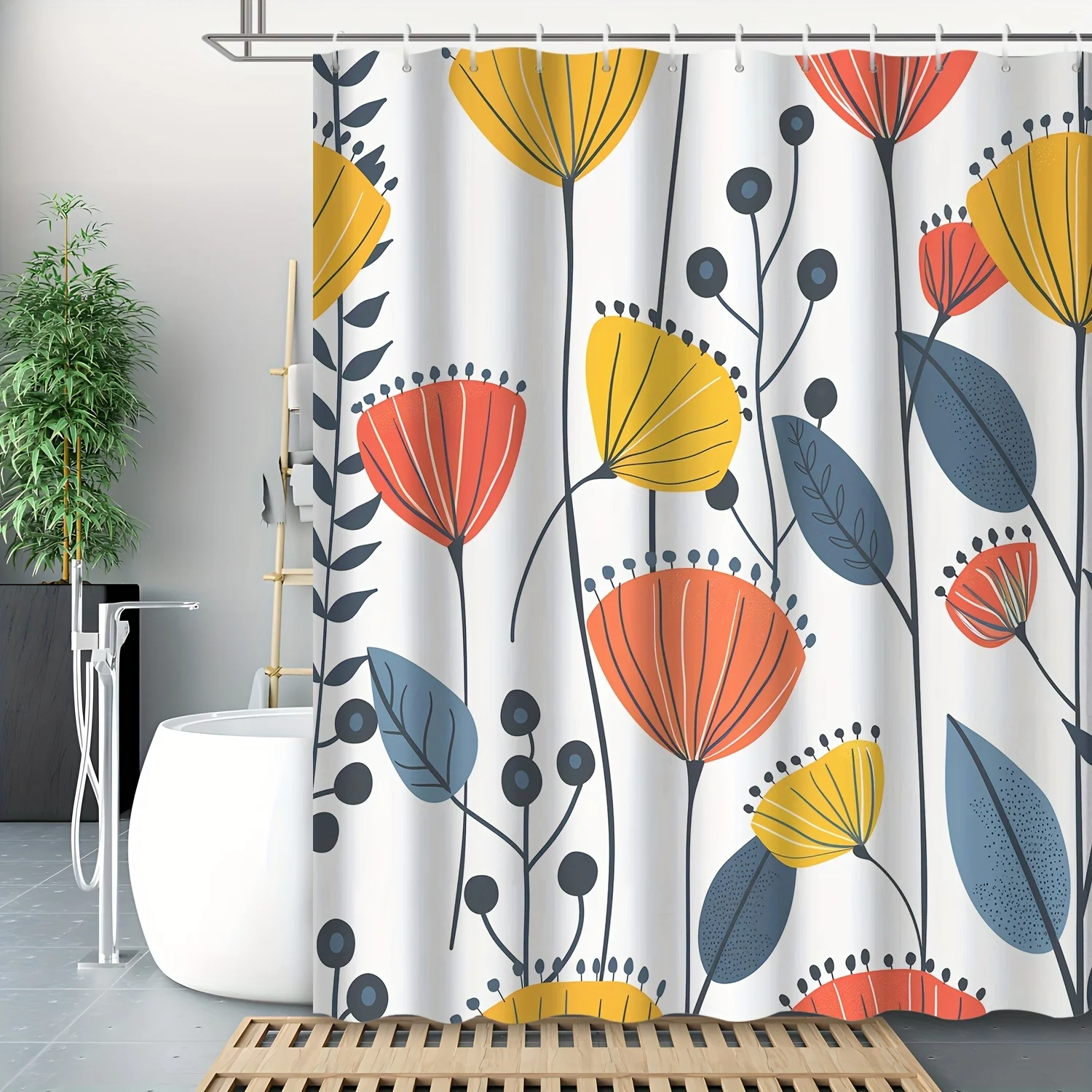 

1pc Boldly colored floral shower curtain, made of polyester, machine washable, with hooks, suitable for bathroom décor.