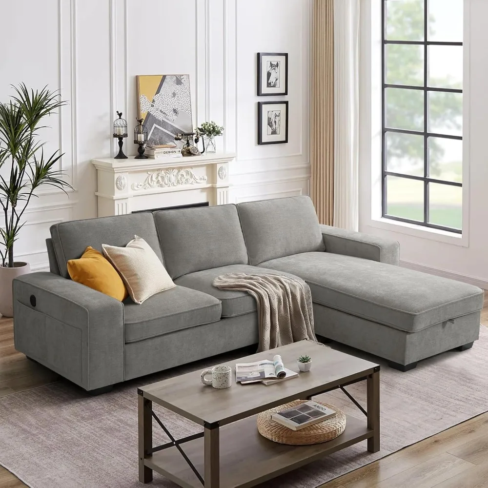 Chenille L Shaped Sectional Couches for Living Room, Comfy Convertible Modular Sofa with Storage Chaise for Small Spaces,Mid Cen