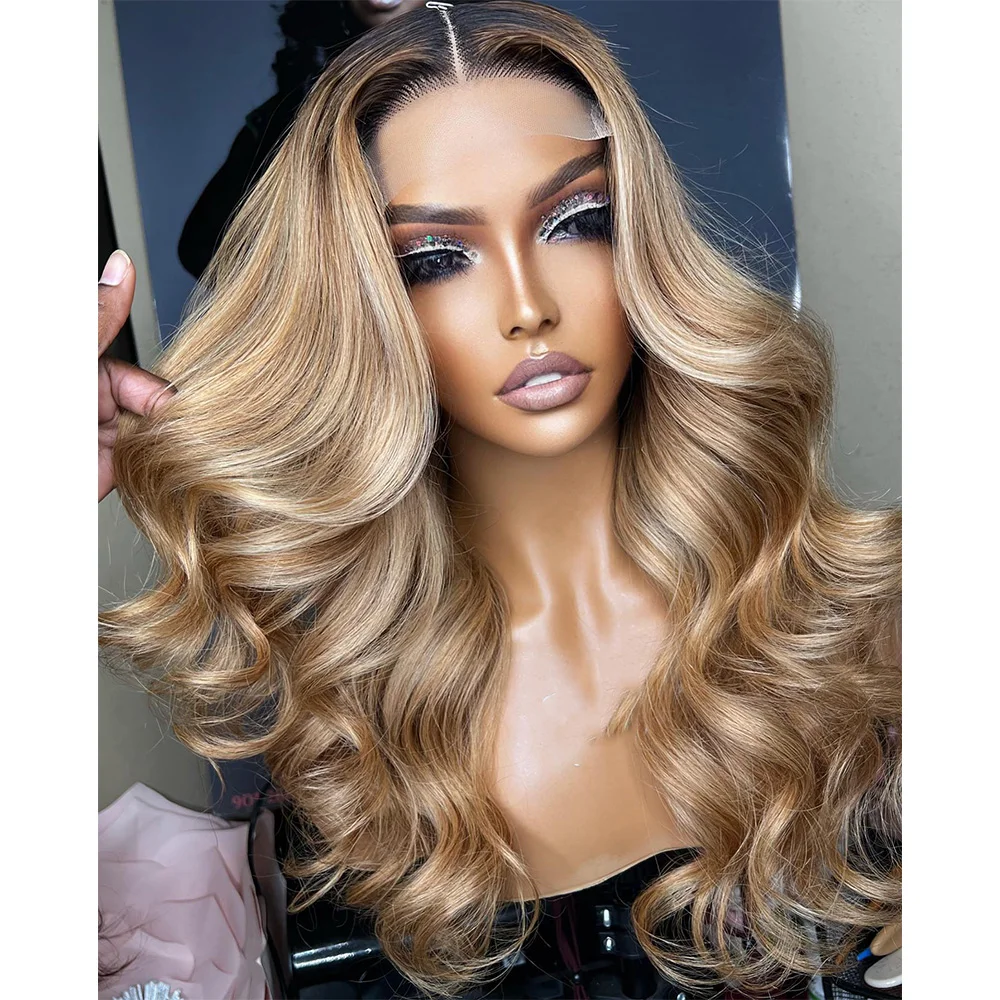 Linhua#4 Dark Root #27 Honey Blonde Body Wave 4x4/5x5 Lace Wig 13x6 Transparent Lace Wigs Remy 13x4 Lace Frontal Wig Preplucked