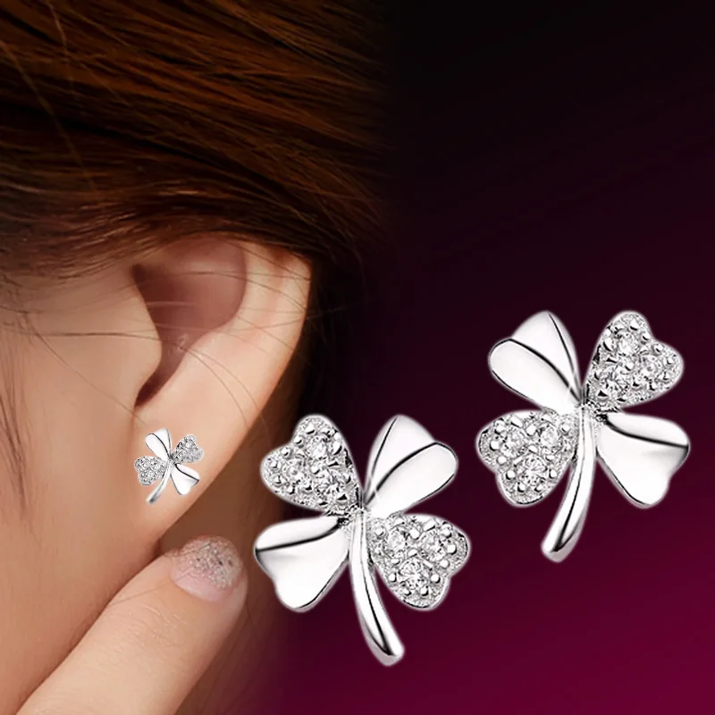

925 Sterling Silver Simple and Exquisite Four-Leaf Clover Zirconia Earrings, Fashionable Wedding Party Jewelry for Women