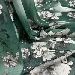 Green Floral Printed Chiffon Fabric, Luxurious Flower Print Tulle, Ideal For Summer Apparel Or Gowns, By the yard