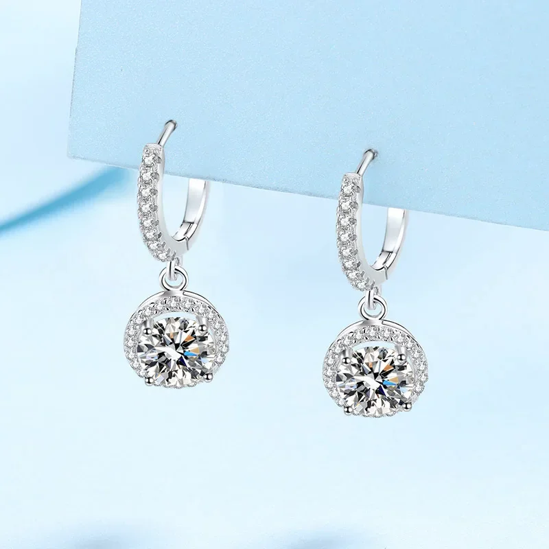 Brilliant White Gold 18K female wedding Drop Earrings with 1 Carat Moissanite Diamond Round Fine Jewelry Birthday Gift for women