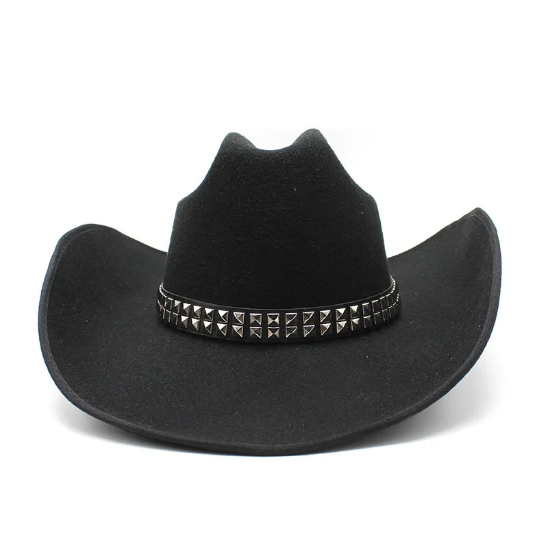 Retro Rivet Leather Belt Imitation Cashmere Women Men Large Wide Brim Yellowstone Cowboy Western Hat Cowgirl Cap  (56-59cm)