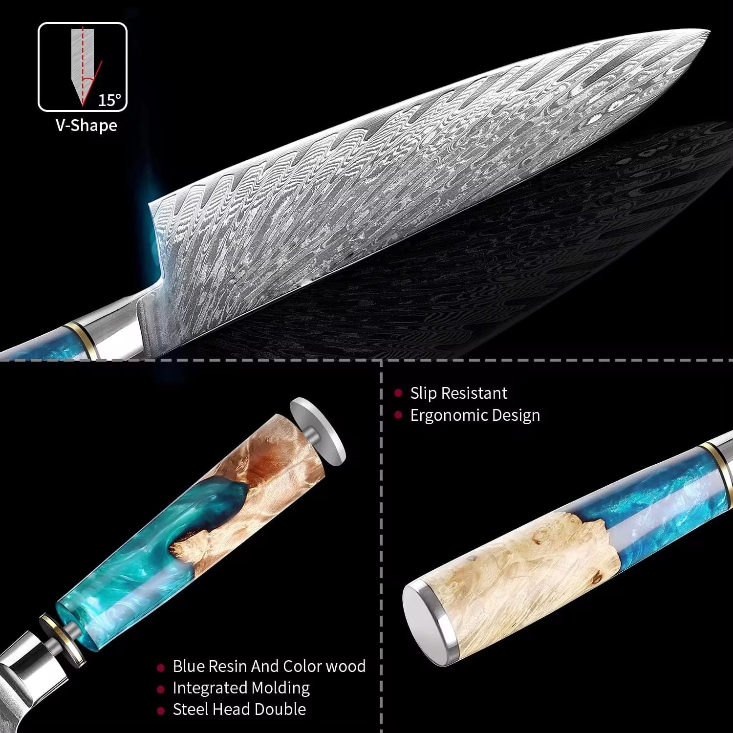 1PCs Damascus  Knives with Blue Resin Handle, Kitchen , Damascus Utility , Chef , Bone , Sande Kitchen , Kitchen , Japanese , Br