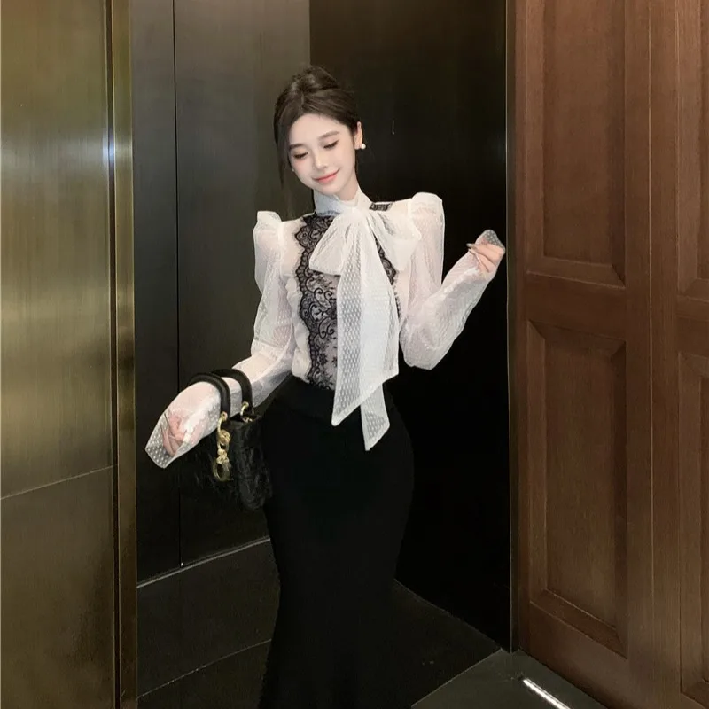 Spring Autumn 2026 Women\'s Double Layer Polka Dot Mesh See through Lace Shirt Bow Tie Design Sensation Quality Fashionable