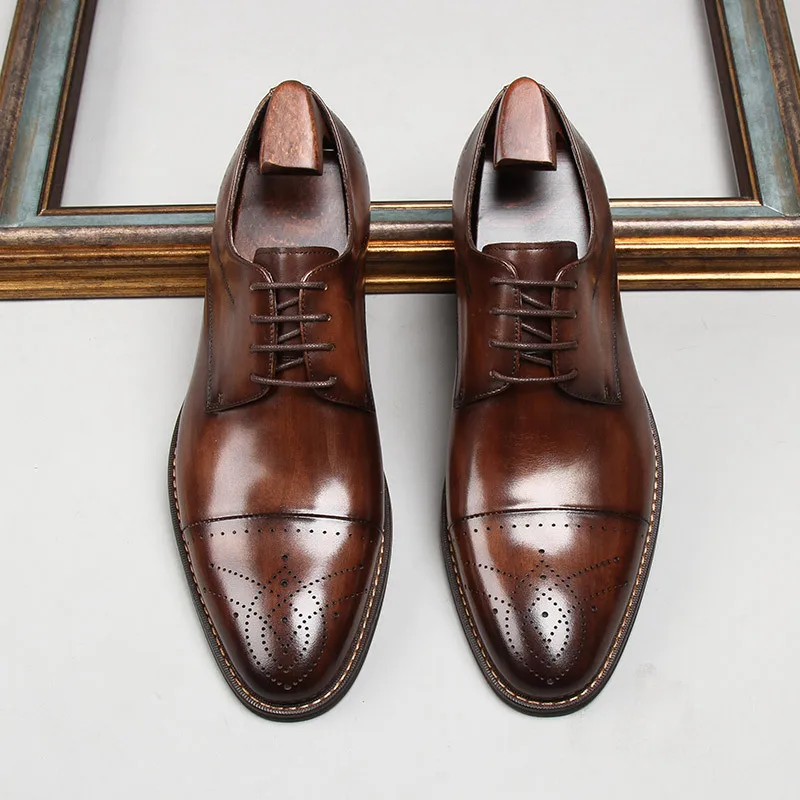 Sapatos de couro genuíno com cadarço para homens, sapatos Oxford Clássicos Britânicos, sapatos de negócios casuais para escritório, calçado formal de casamento