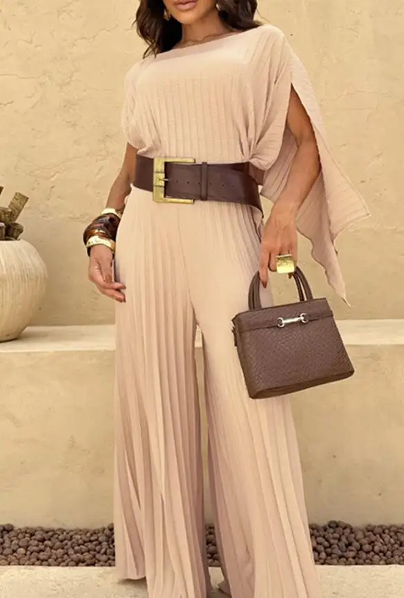 

Women's Sets Summer New Fashion Womens 2 Pieces Outfit Irregular Hem Slit Sleeve Top & High Waist Wide Leg Pleated Pants Set