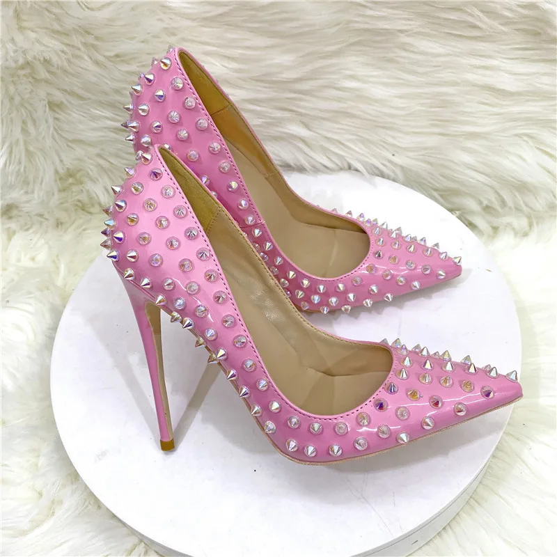 

Pink Full Rivets Studs Thin High Heels Pumps Sexy Stilettos Shallow Slip On Pointed Toe Spikes Studded Party Shoes
