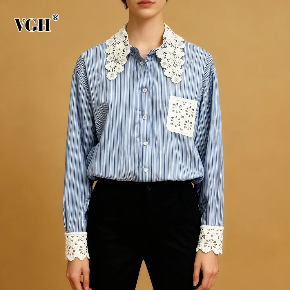 

VGH Office Fashionable Style Spliced Lace Hollow Shirt for Women Lapel Long Sleeve Casual Striped Shirts Female Spring Clothing