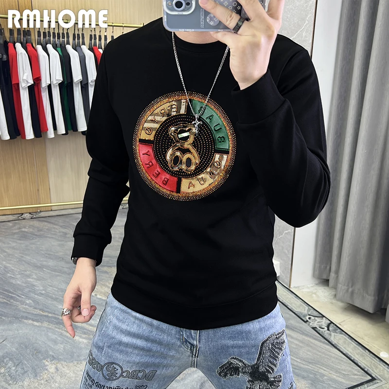 

Youth Men's Round Neck Sweatershirt Male Fashion Hoodies Hot Rhinestone Bear Design New Trend Man Luxus Orange Pullover Clothing