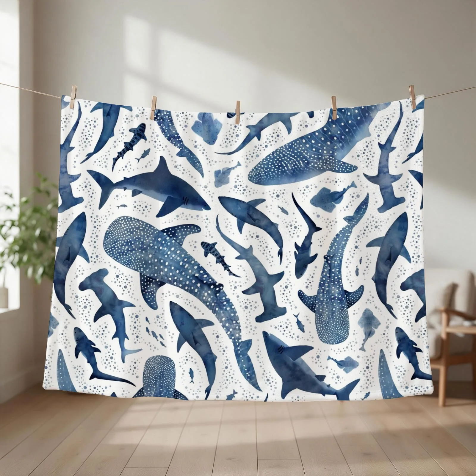 Monochrome blue watercolour shark ocean on white Throw Blanket