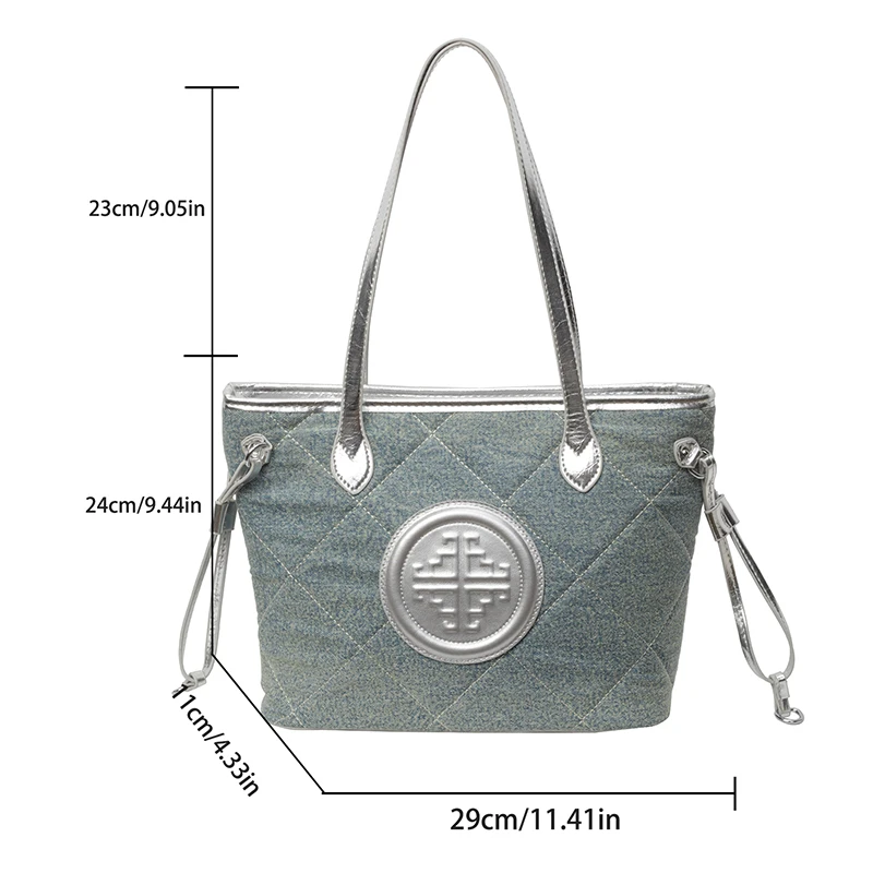 Denim bag for women with large capacity, 2024 new summer casual shoulder diamond plaid bag, class commuting tote bag