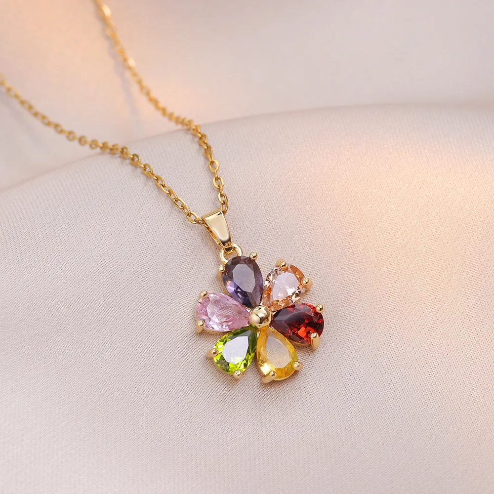 

Цепочка из нержавеющей стали, классические красочные цирконовые цветы, кулон, ожерелья для женщин и девочек, винтажные аксессуары для воротников, ювелирные изделия, подарки