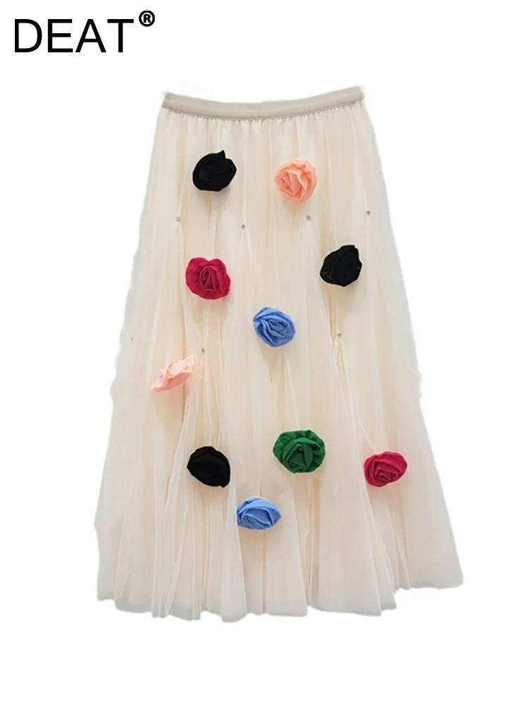 

DEAT Women Skirt Elastic Waist Spliced Colorful Flowers Diamonds Design A-line Mesh Long Skirts 2024 Autumn New Fashion 11A0746