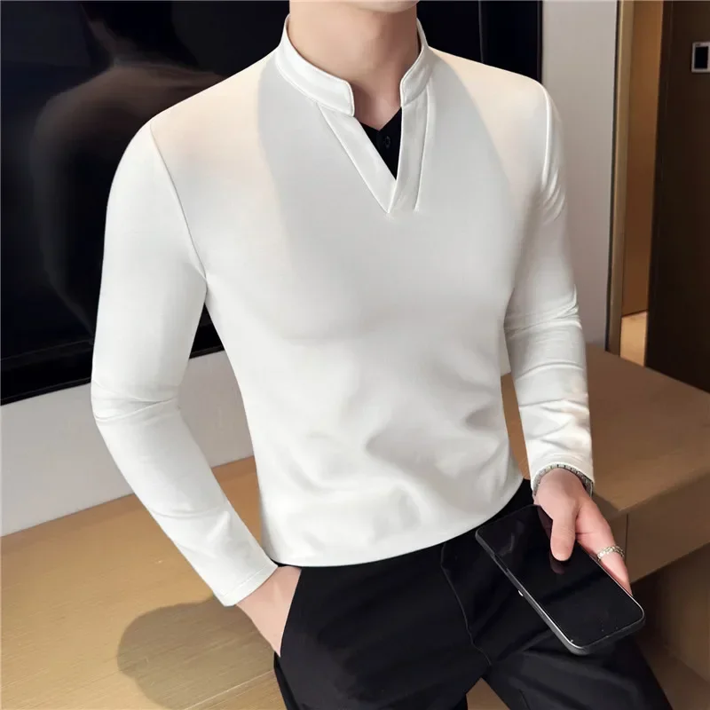 Korean Fashion Splicing Fake 2-piece Elastic T-shirt Men's Slim Fit V-neck Long Sleeved Base Shirt Solid Color Versatile Tshirts