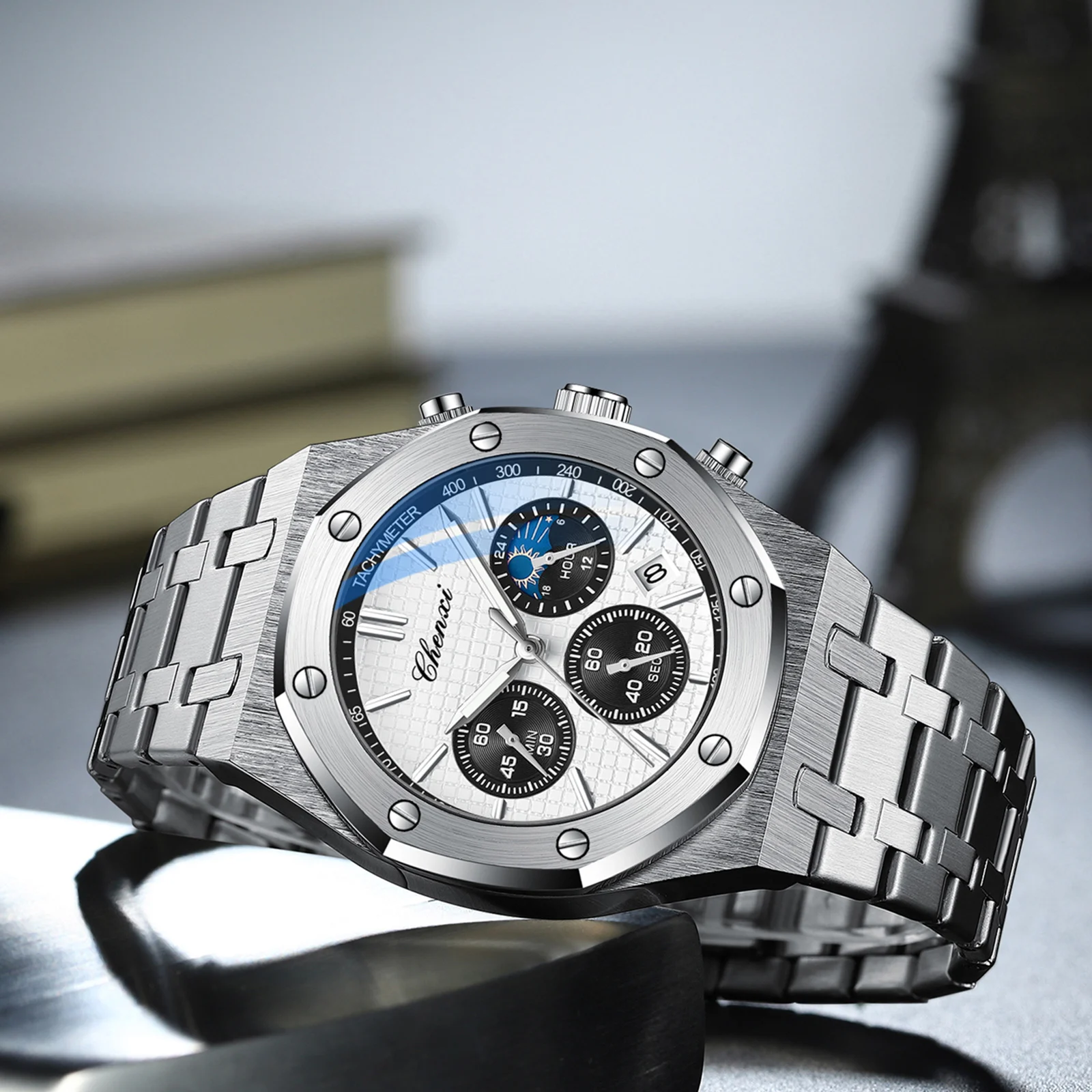 

Chenxi 978, роскошные деловые мужские часы CHENXI, высококачественный хронограф с фазой Луны, кварцевые часы, оригинальные водонепроницаемые мужские часы