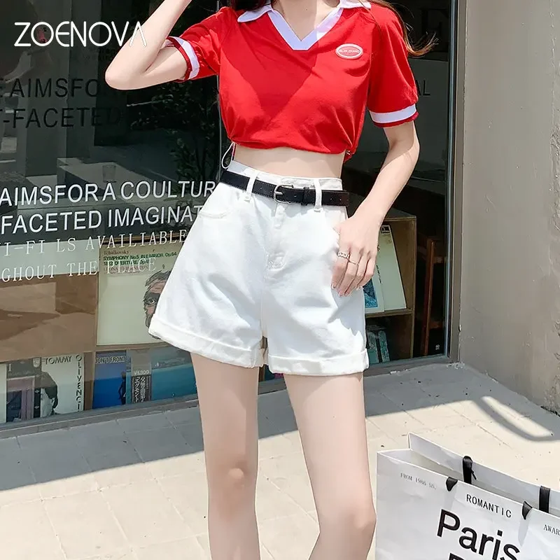 ZOENOVA 2023 Y2K High Waist Streetwear Solid Shorts Cuffed Design Belt Women's Summer Denim Shorts Apple Green Hot Girl Style