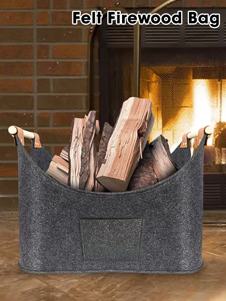 1pc Dark Grey Extra Large Foldable Felt Firewood Basket, Heavy Duty with Reinforced Handles - Multi-use Storage