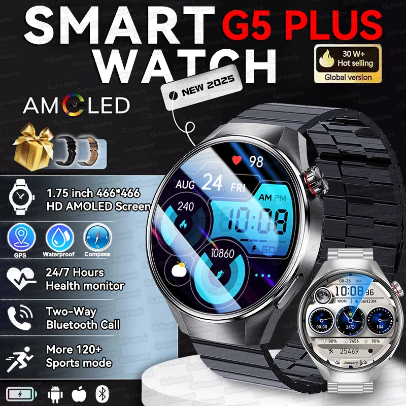 ساعة ذكية عصرية G5 Plus بشاشة 1.75 بوصة لساعة رجالي BT Call GPS Track Compass مراقبة الصحة ساعات عمل مقاومة للماء 2025