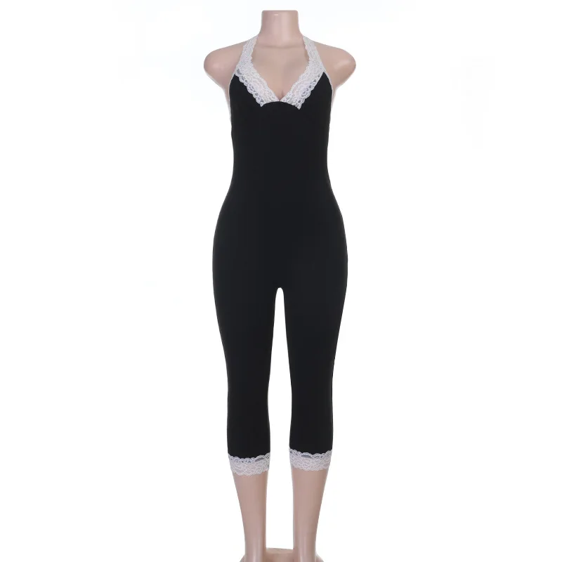 Eleganter ärmelloser Jumpsuit aus Spitze für Damen mit tiefem V-Rücken und Bindedetail, schmal geschnittener Cropped-Romper, schickes Alltags-, Dating- und Loungewear-Outfit – Detail 2