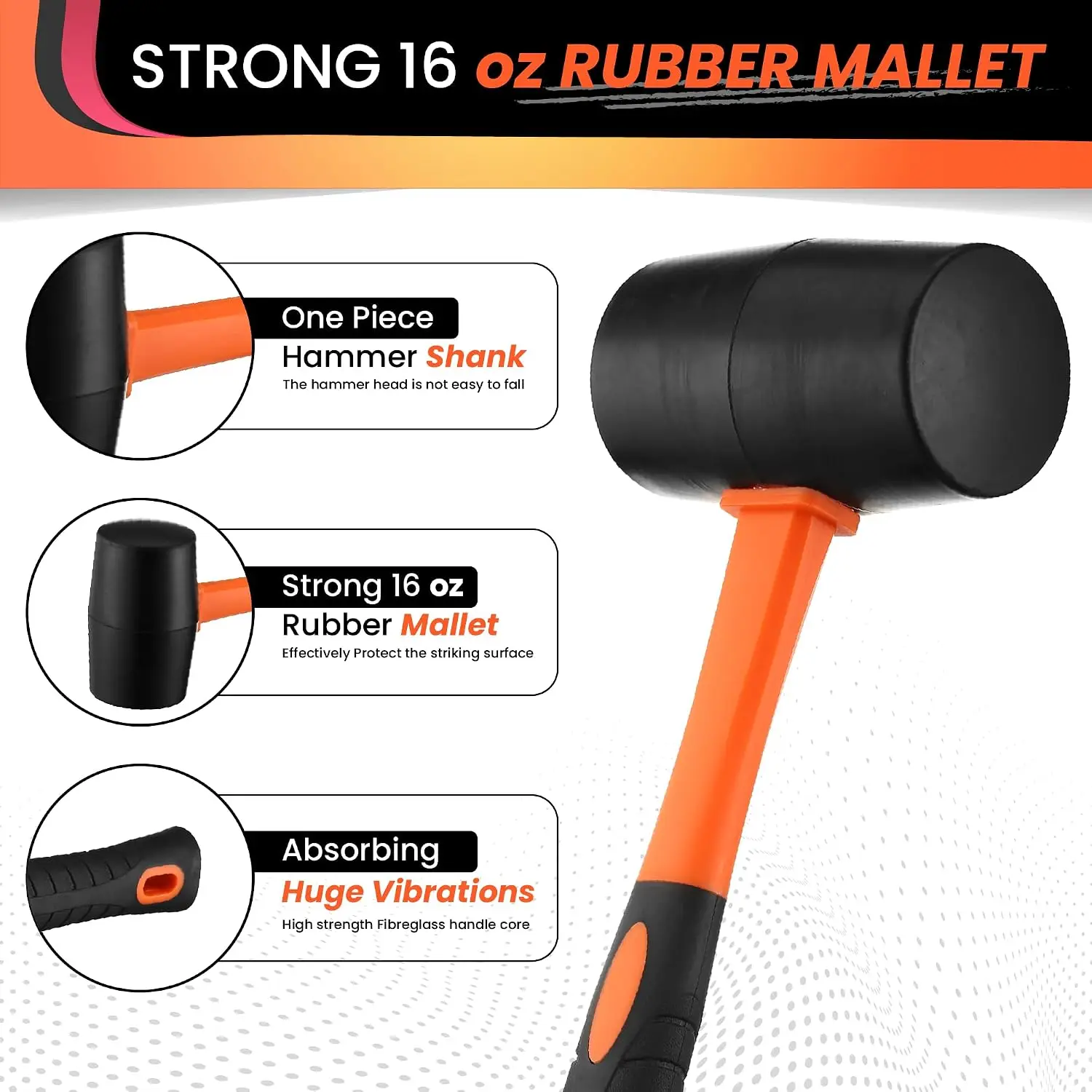Rubber Mallet Hammer Non-Marring Rubber Mallet for Woodworking, Flooring, Camping Assembly and Automotive, Shock Absorbing Grip