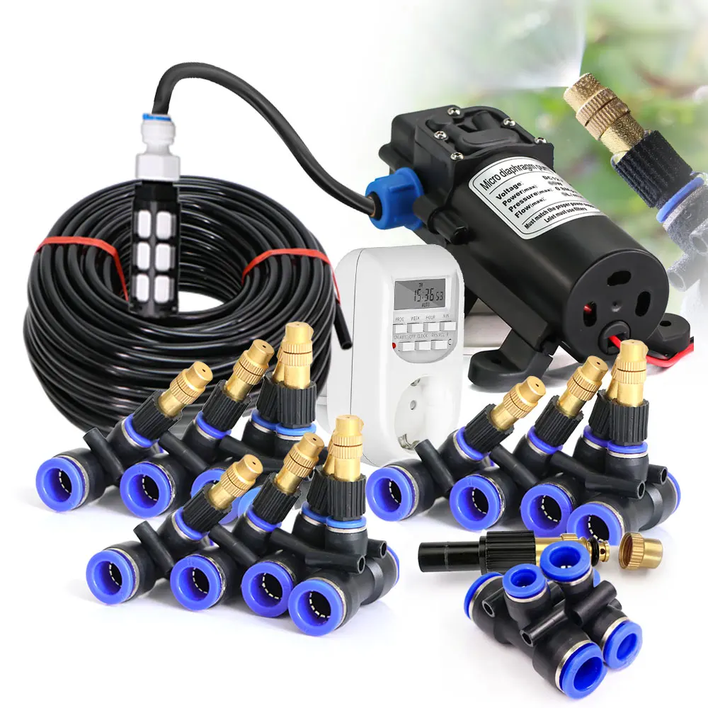 110-220V Power Supply Self-priming Pump Timing Spray Kit Greenhouse Garden Lawn 8mm PE Hose Brass Nozzle Automatic Mist Watering