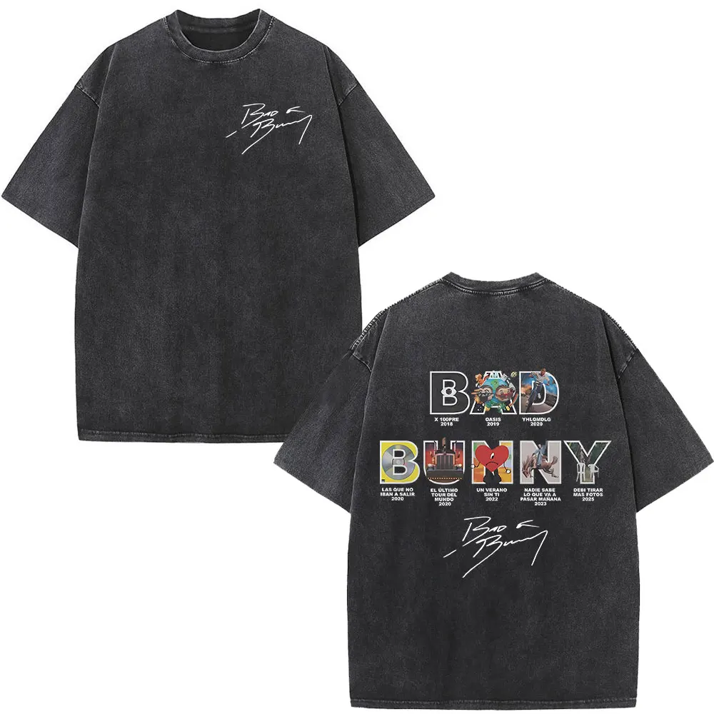 

New Rapper Bad Bunny Album Cover Print T-Shirt Washed Vintage T Shirt Men Women Hip Hop Oversized T-Shirts