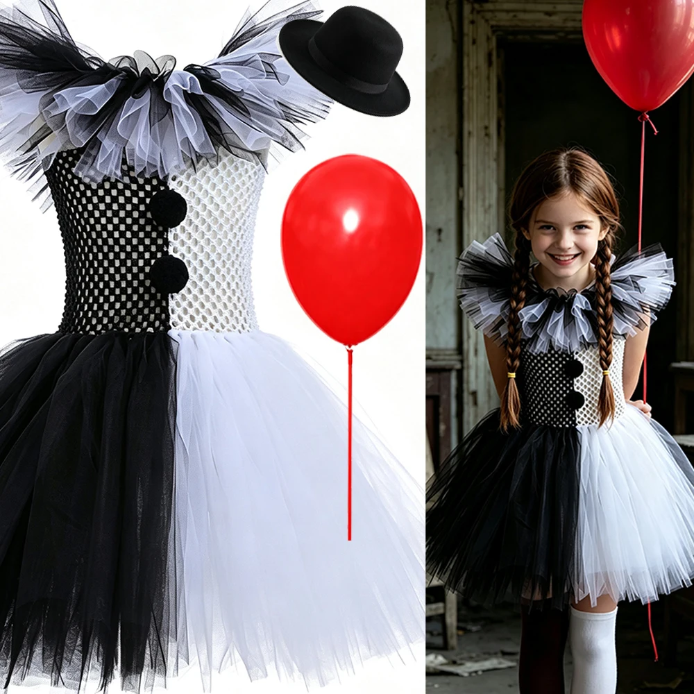 Girls Tutu Dress Halloween Cosplay Vestidos Black White Scary Clown Costumes Carnival Party Dress Up