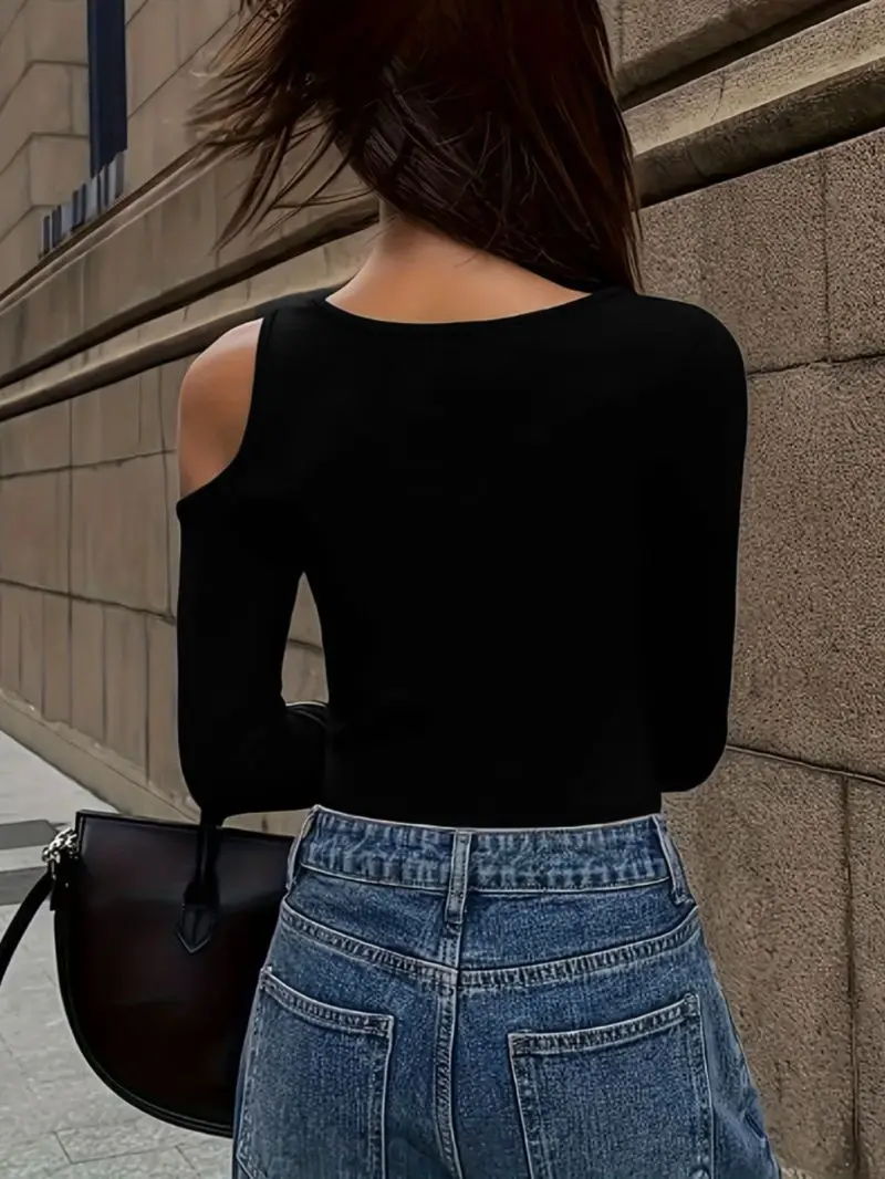 Damen Asymmetrisches Diagonales V-Ausschnitt Langarm-Oberteil Figurbetont Einseitig Freiliegende Schulter Basis-T-Shirt mit Schlankheitseffekt – Detail 5