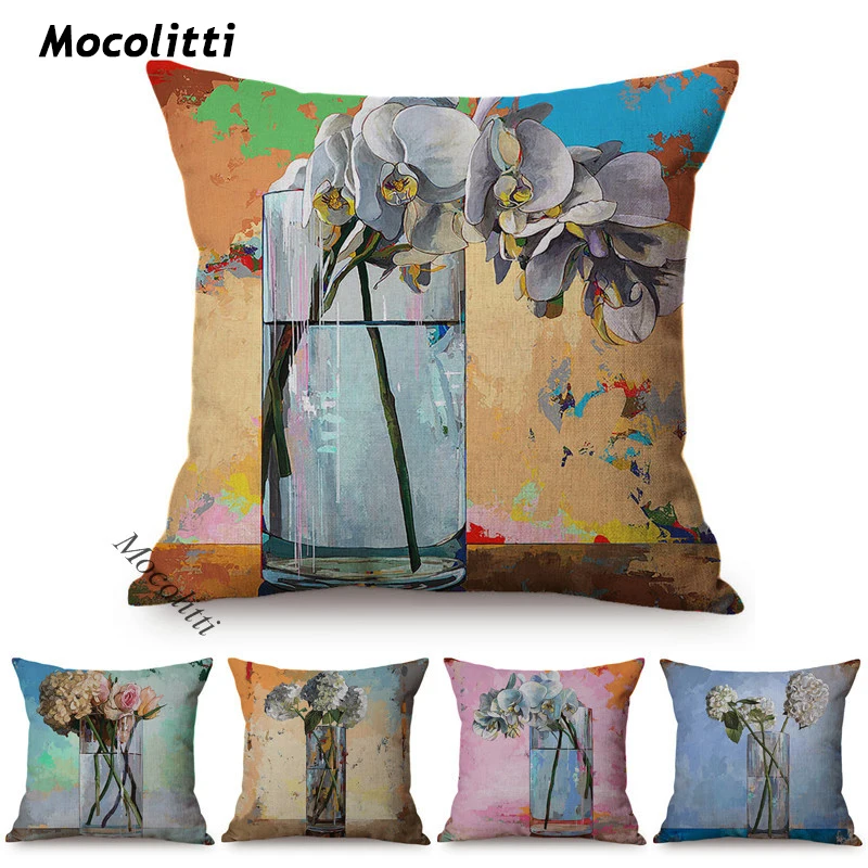 Luxury 3D Florals Oil Painting Art Home Decor Cushion Cover Vase Bouquet Style Office Sofa Decorative Throw Pillow Case Cojines