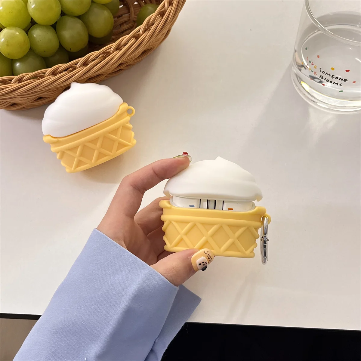 غطاء سماعة رأس إبداعي بتصميم مخروط الآيس كريم مع خطاف ، غطاء لسامسونج جالاكسي براعم 3 ، براعم 3 برو ، لطيف ، من من من من من الخارج