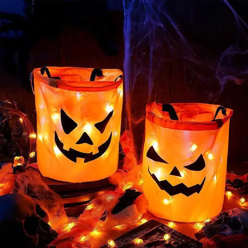 Halloween Basket for Thanksgiving Party, Trick or Treat Bucket, Pumpkin Candy Bags, dobrável, LED Light, Presente