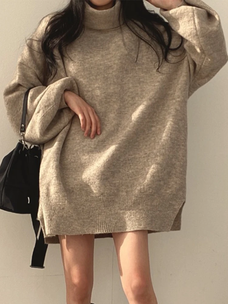 Turtleneck Knitted Sweater Women Oversized Long Pullovers Female Loose Casual Warm Jumpers Lady Korean Fashion Knitwear Pullover