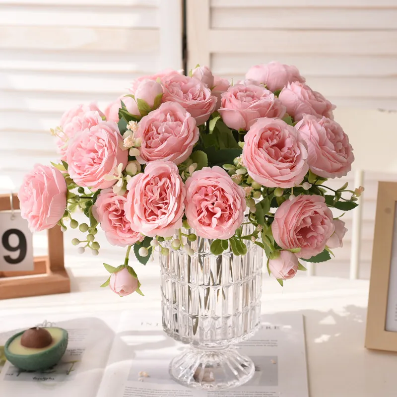 

5 PCS 5 Head Rose Artificial Flowers Bouquet Home Decor Bride Wedding Holding Flower Bridal Room Decoration Table Mariage Fleurs