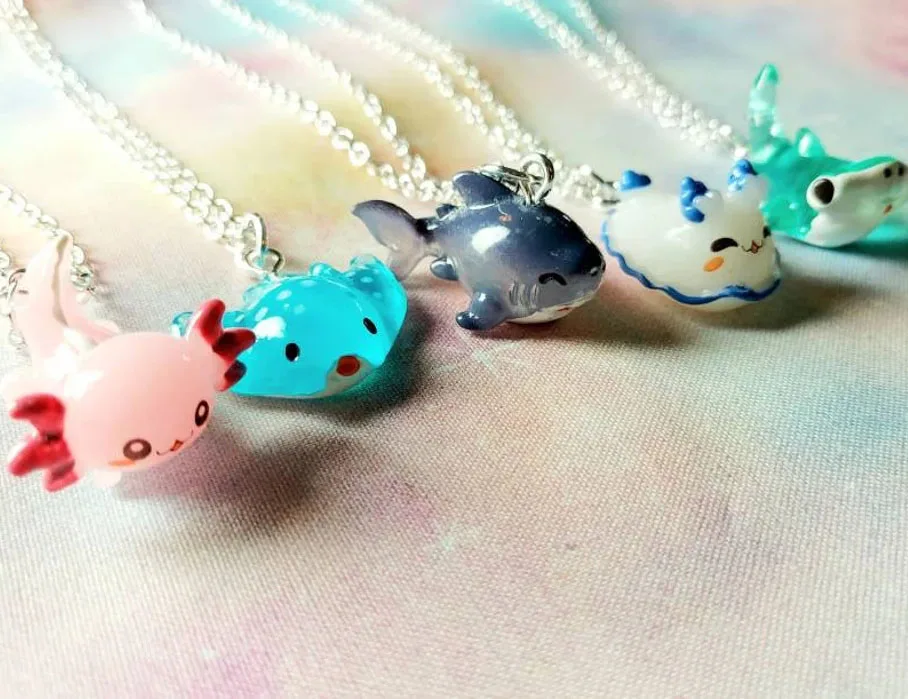 Sweet Sea Creature Necklace Miniatures Axolotl Resin Charm Pendant Necklace Jewelry  Birthday Gift Axolotl Kawaii