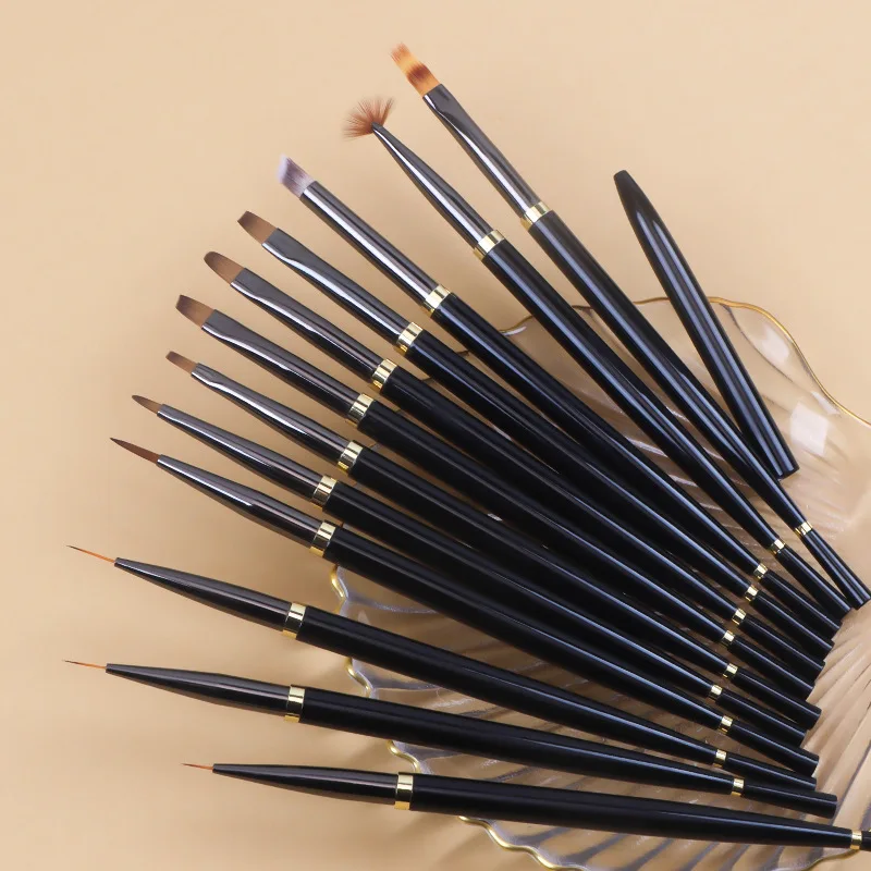 Nail Art Brush Set Black Fishtail Handle, Liner Ombre Blending Painting Brushes, Professional Gel Nail Tools