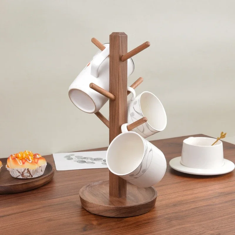 Solid Wood Mug Rack with Drip Tray Coffee Cup Holder Key Hook Wall Mount Freestanding Home Kitchen Organizer 원목 컵 걸이