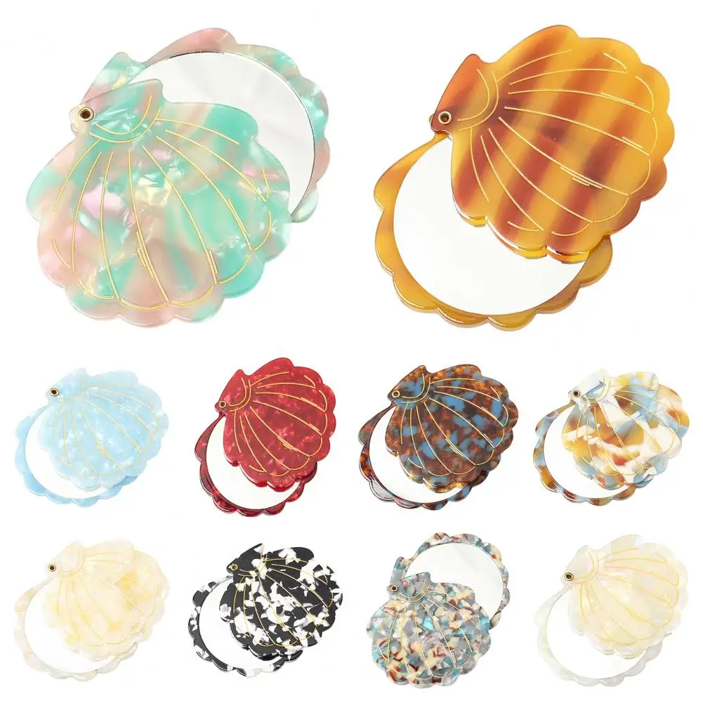 مرآة مكياج قابلة للطي على شكل صدفة، مرآة جيب بتصميم لطيف للنساء والفتيات، مرآة لمستحضرات التجميل المحمولة الأساسية للسفر