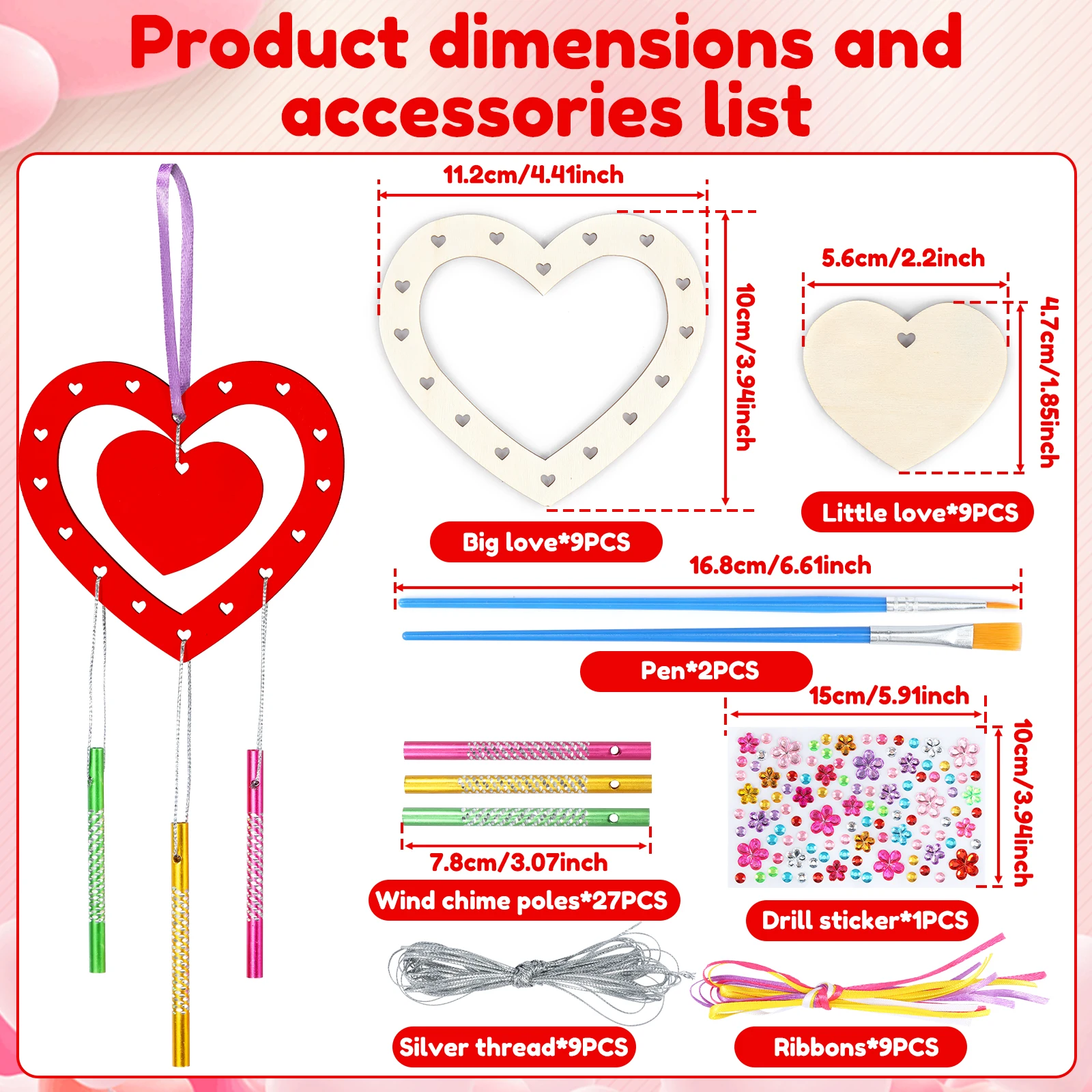 9Pcs Heart Wind Chime Kit for Kids DIY Love Wind Chimes Wooden Heart Hanging Ornament Creative Heart Wind Chime Pendant