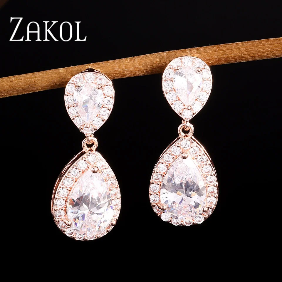 ZAKOL Trendy White And Gold Color Teadrop Crystal Dangle Earrings for Women Water Drop Shape Female Bride Wedding Wholesale
