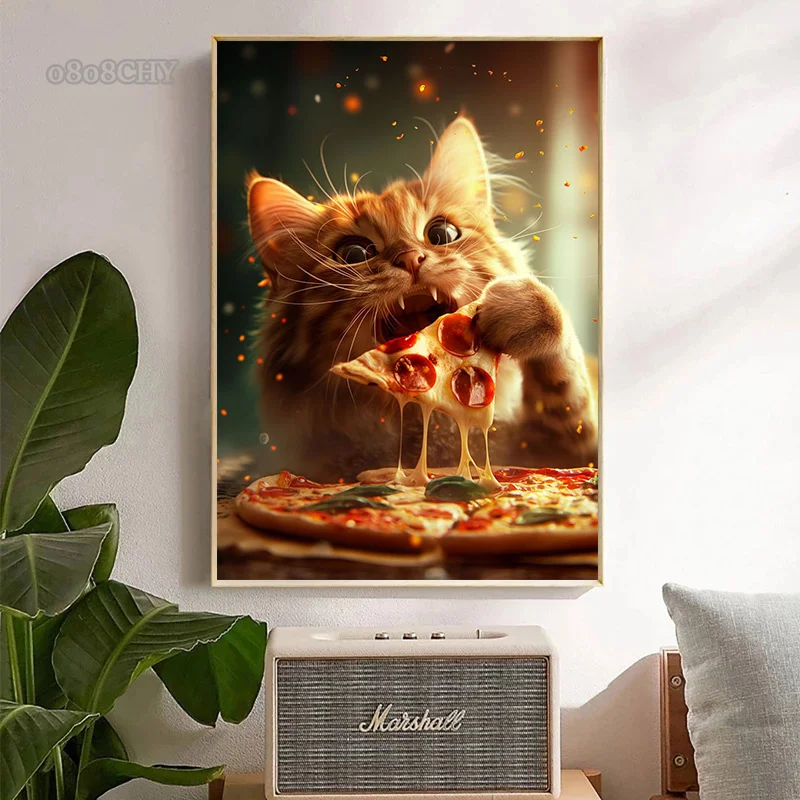 Funny Cat Eating Pizza Canvas Prints Posters Mural Cute Pet Kitten Pizza Poster Canvas Wall Art Painting Pictures for Home Decor