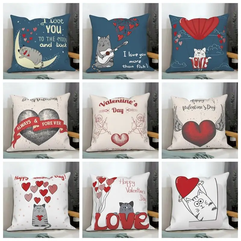 Valentine's Day Cushion Pillow Cover Red Love Heart Cat Romantic Love Pattern Valentine Pillowcase Sofa Home Decor Cushion Cover