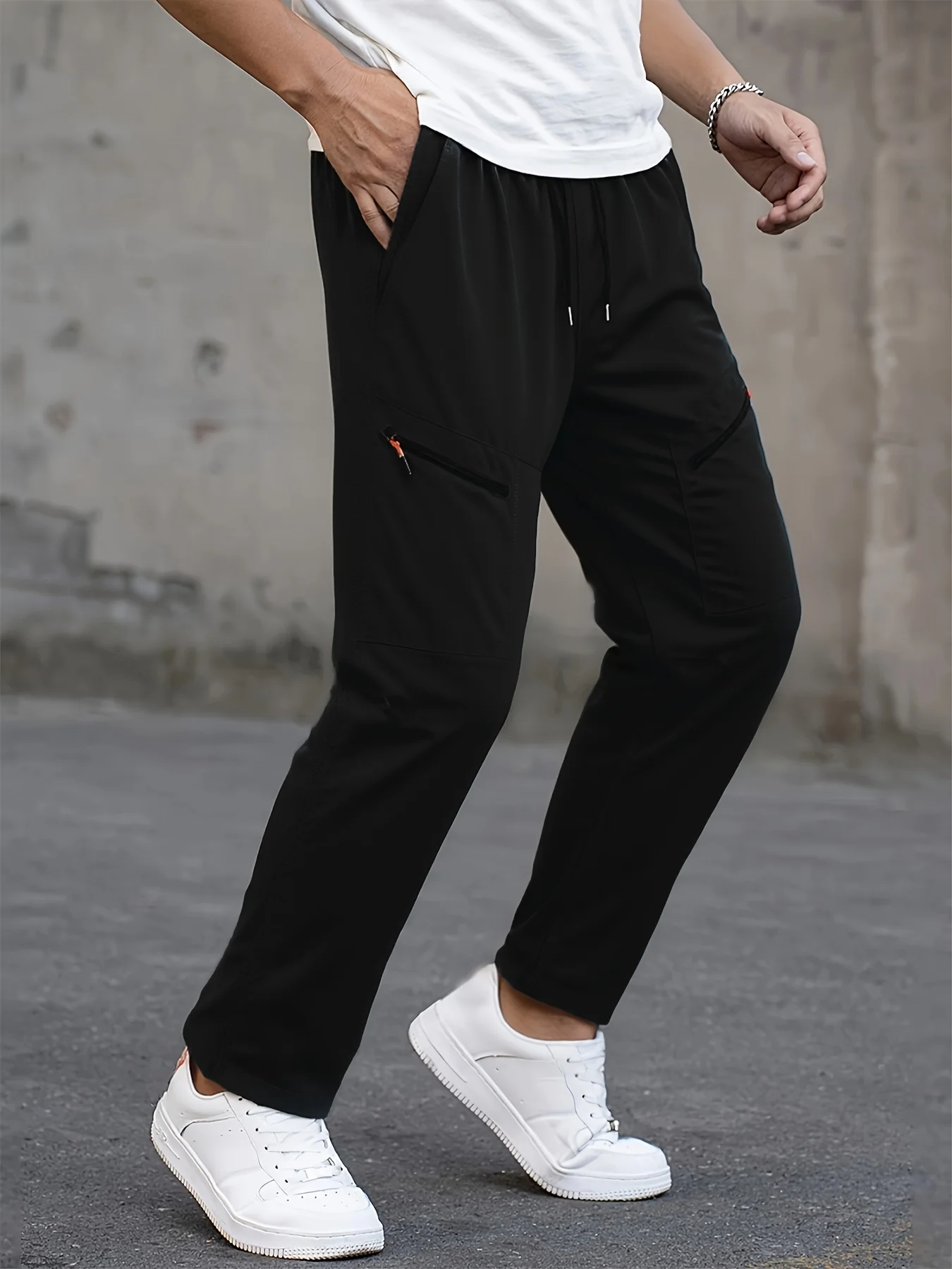 Mens Black Cargo Pants Loose Fit Straight Leg Trousers Multi Pocket Drawstring Waist Streetwear Casual Fashion Streetwear