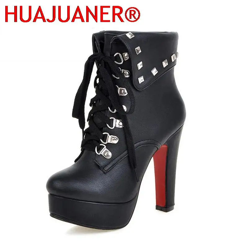 Winter Style Thick High Heels Rivets Lace Up Ankle Boots Platform Women Boots Fall Shoes 2023 Women\'s Chelsea Ankle High Heels