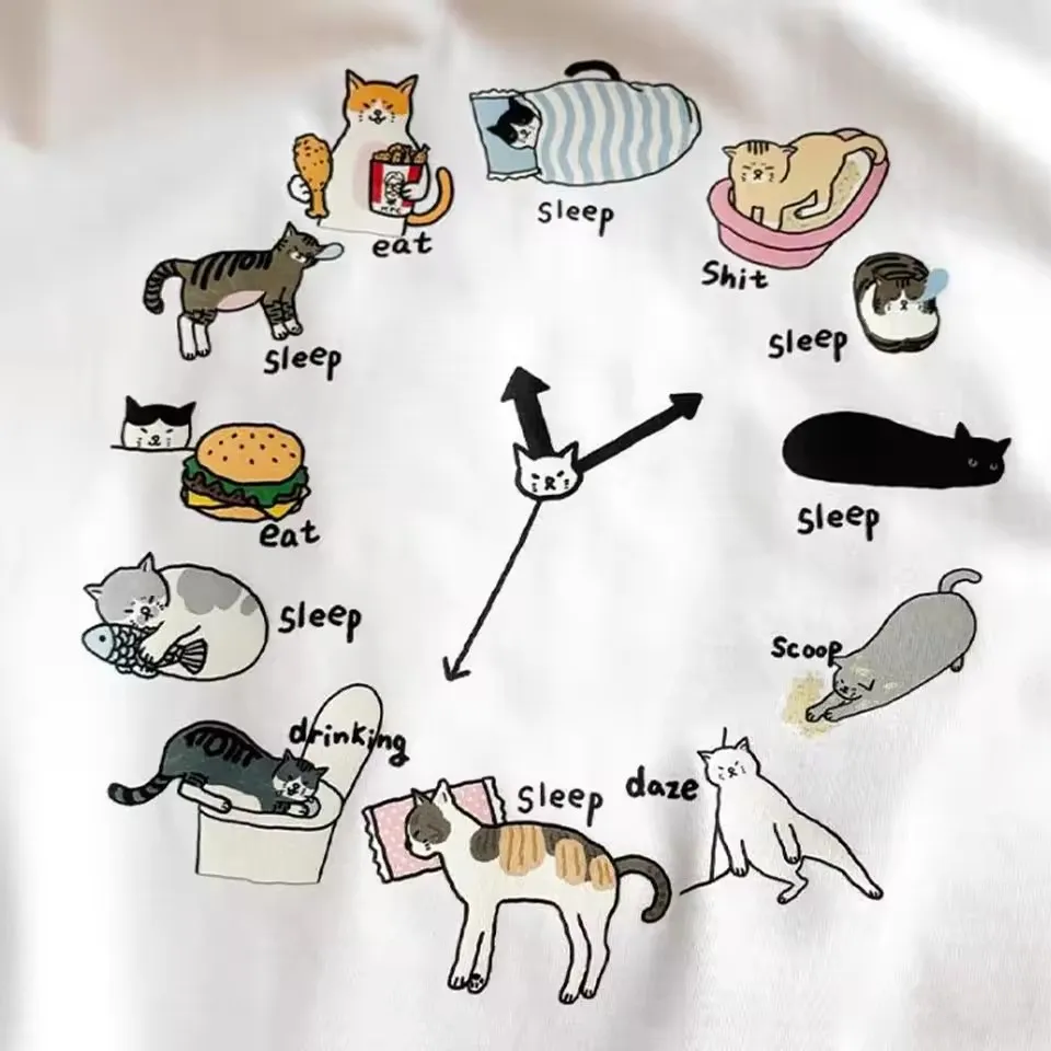 Unisex Funny Cats Clock Print T-Shirt Cotton Short Sleeve Loose Graphic Top Tees Ins Fashion Cute Women Tee view 4
