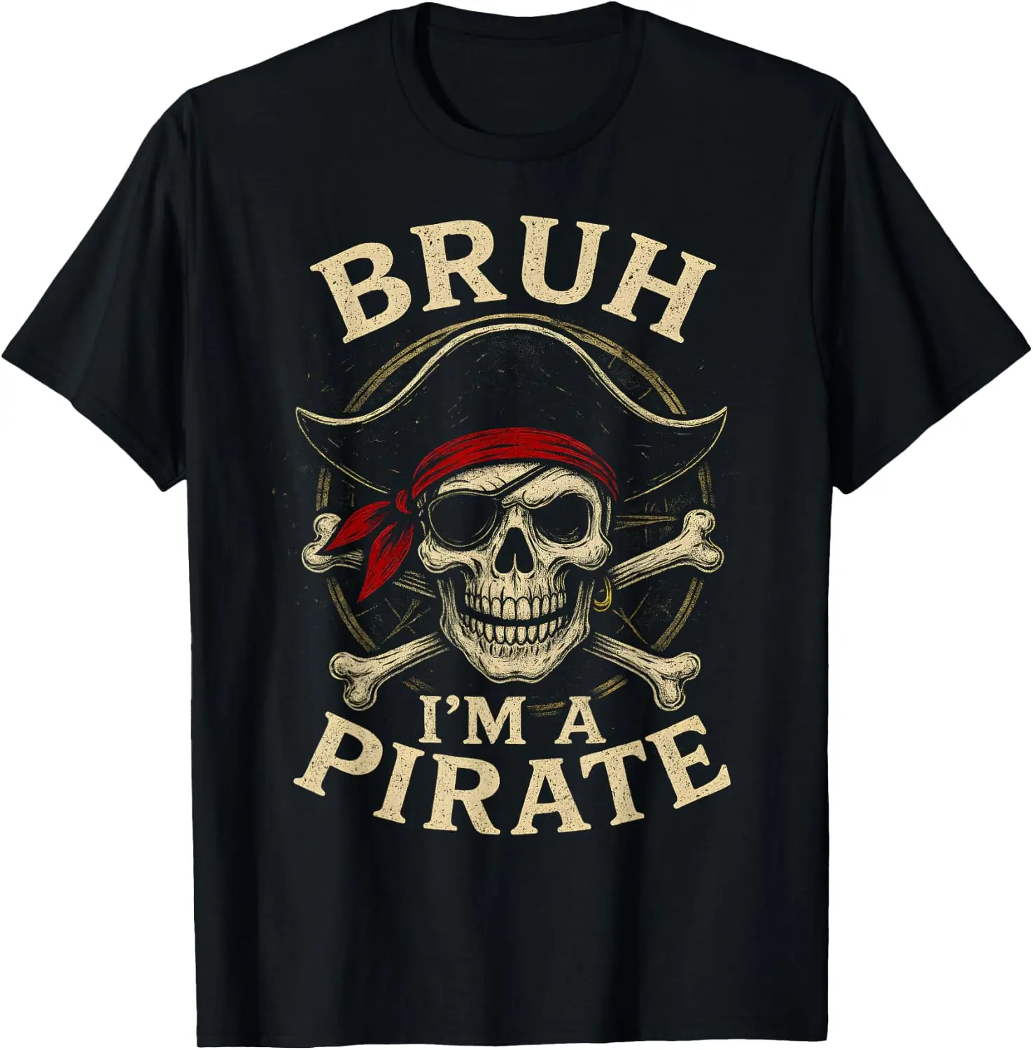 Bruh I'm A Lazy Pirate Skull Costume Halloween T-Shirt Men Halloween Festival Printed Graphic Tee, Casual Crew Neck Short Sleeve Spooky Gothic T‑Shirt for Holiday Party and Halloween Gift for Men.