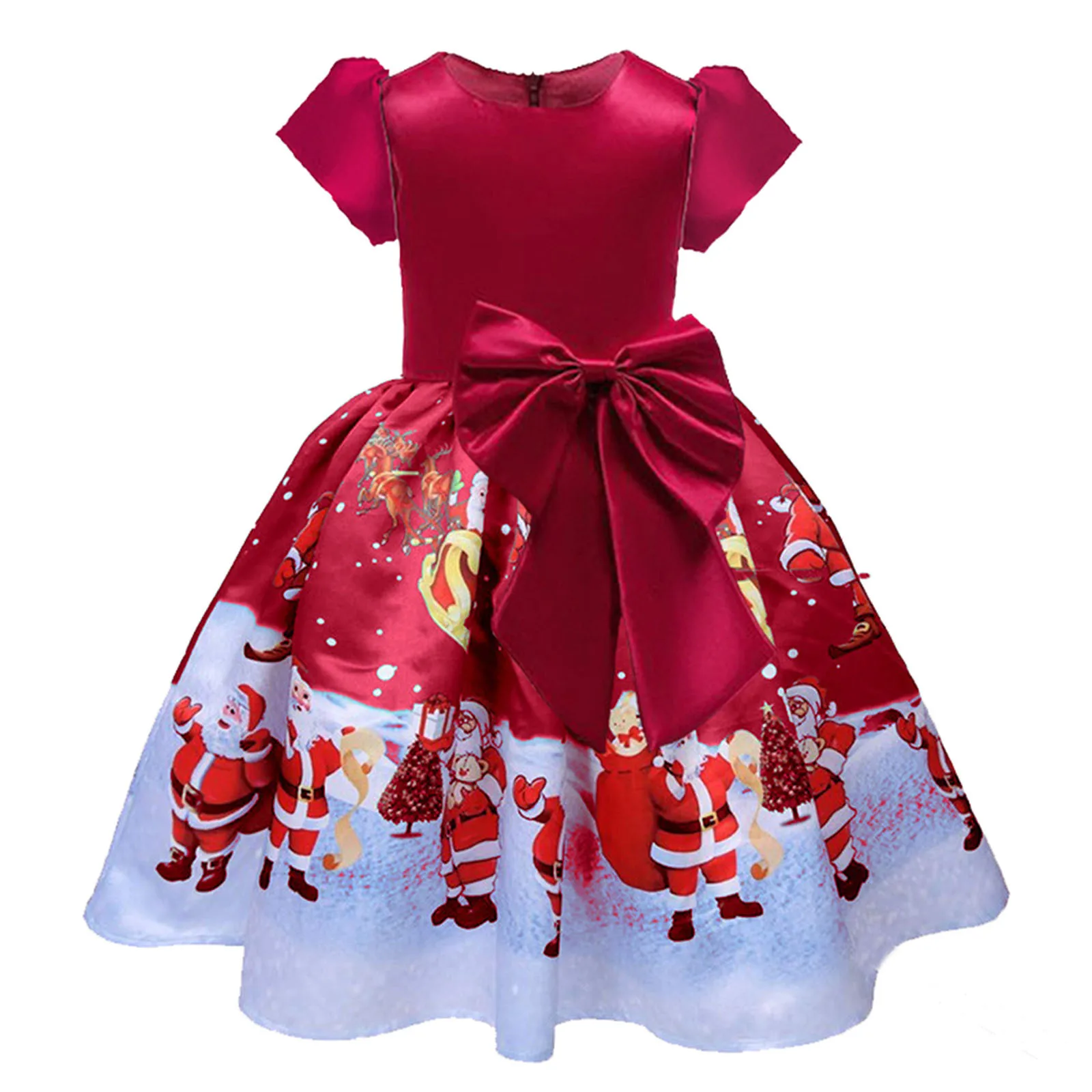 Toddler Kids Girls Cute Infant Christmas Cartoon Prints Bowknot Costume Dress Identity Dress Girls