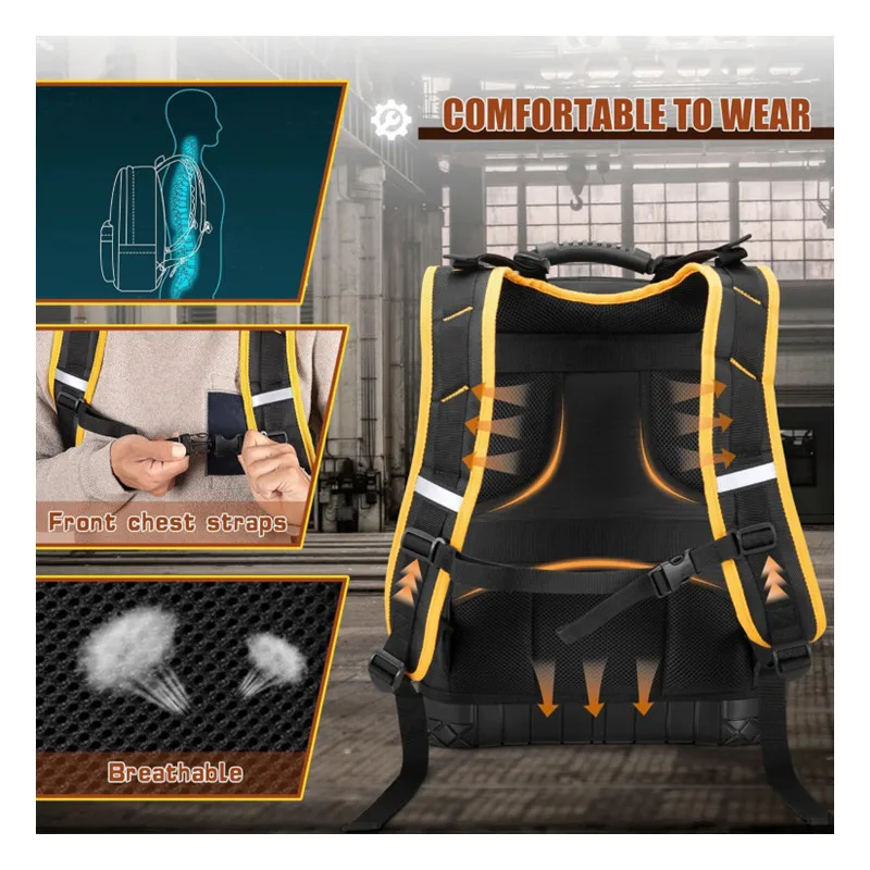 حقيبة ظهر من قماش أكسفورد مع حقيبة أدوات سفلية صلبة وحقيبة أدوات شديدة التحمل مع جيوب متعددة وغطاء للكمبيوتر المحمول