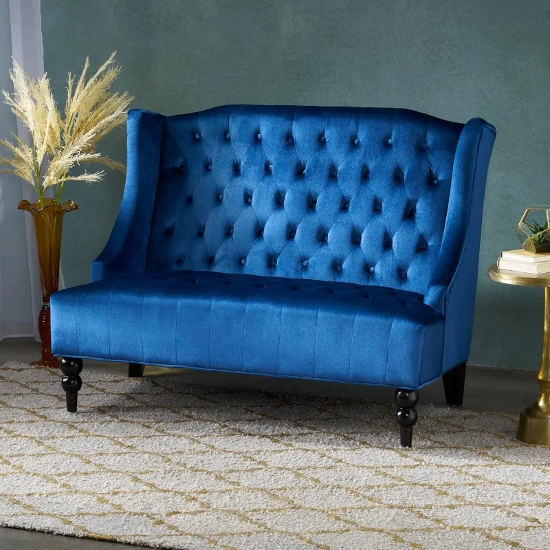 Traditional Tufted Velvet Wingback Loveseat, Navy Blue / Dark Brown