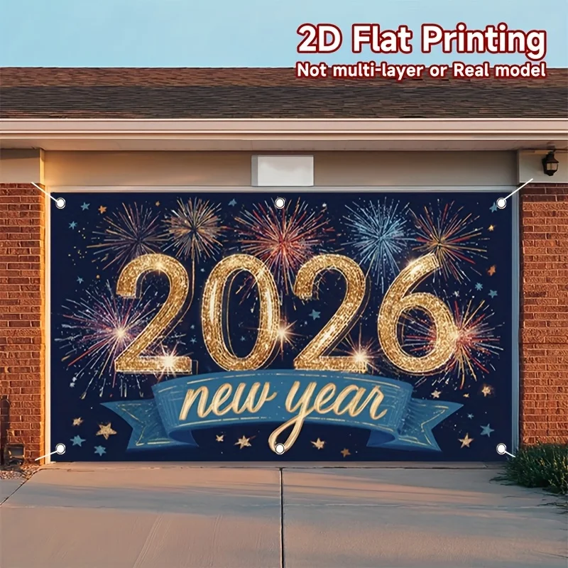 علم باب ثنائي الأبعاد خطة ثنائية الأبعاد، 1 2026 علم حفلة رأس السنة الجديدة - الألعاب النارية للمهرجانات وتصميم الحروف الذهبية